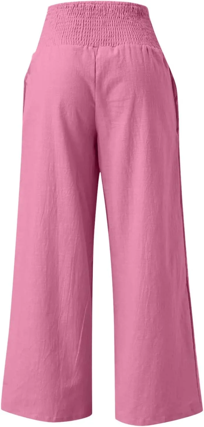 BZGTZT Wide Leg Pants for Women Summer Casual Smocked Elastic High Waisted Linen Pant Solid Loose Palazzo Pants Trousers