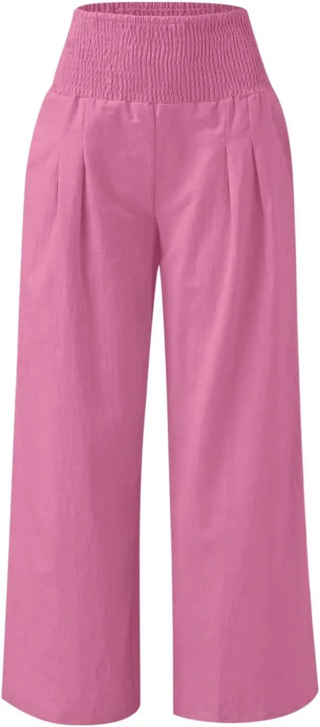 BZGTZT Wide Leg Pants for Women Summer Casual Smocked Elastic High Waisted Linen Pant Solid Loose Palazzo Pants Trousers