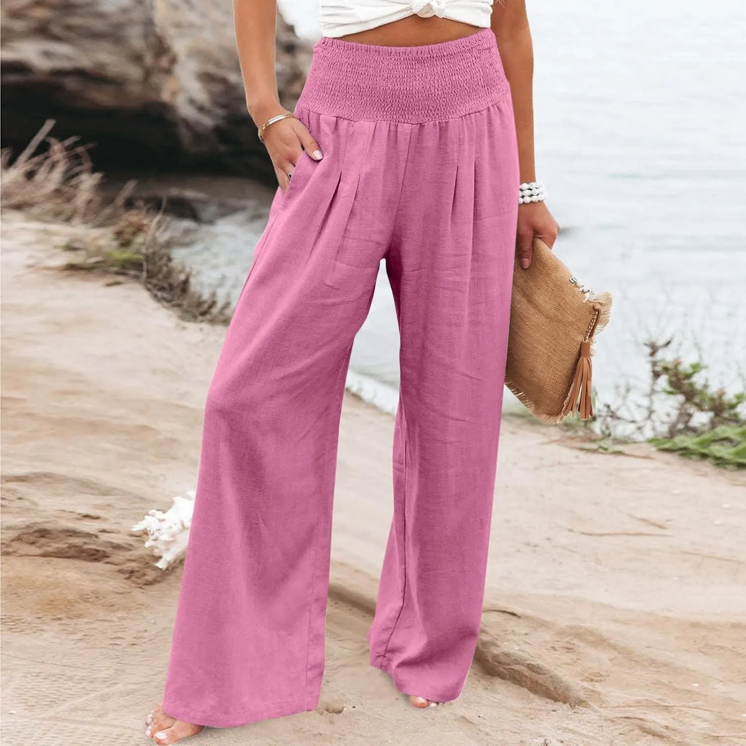 BZGTZT Wide Leg Pants for Women Summer Casual Smocked Elastic High Waisted Linen Pant Solid Loose Palazzo Pants Trousers