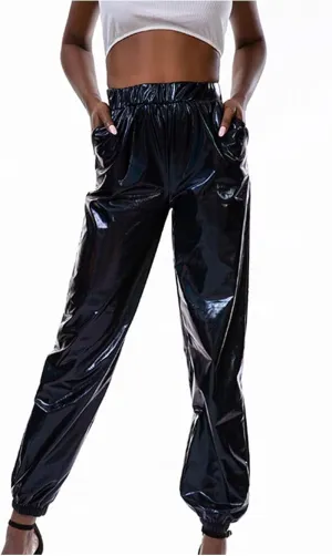 BZGTZT Women's Shiny Metallic High Waist Stretchy Jogger Pants, Wet Look Hip Hop Club Wear Holographic Trousers Sweatpant