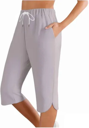 Capri Cotton Yoga Pants for Women Casual 2025 Summer Drawstring Linen Pajama Pants Straight Wide Leg Cropped Trouser