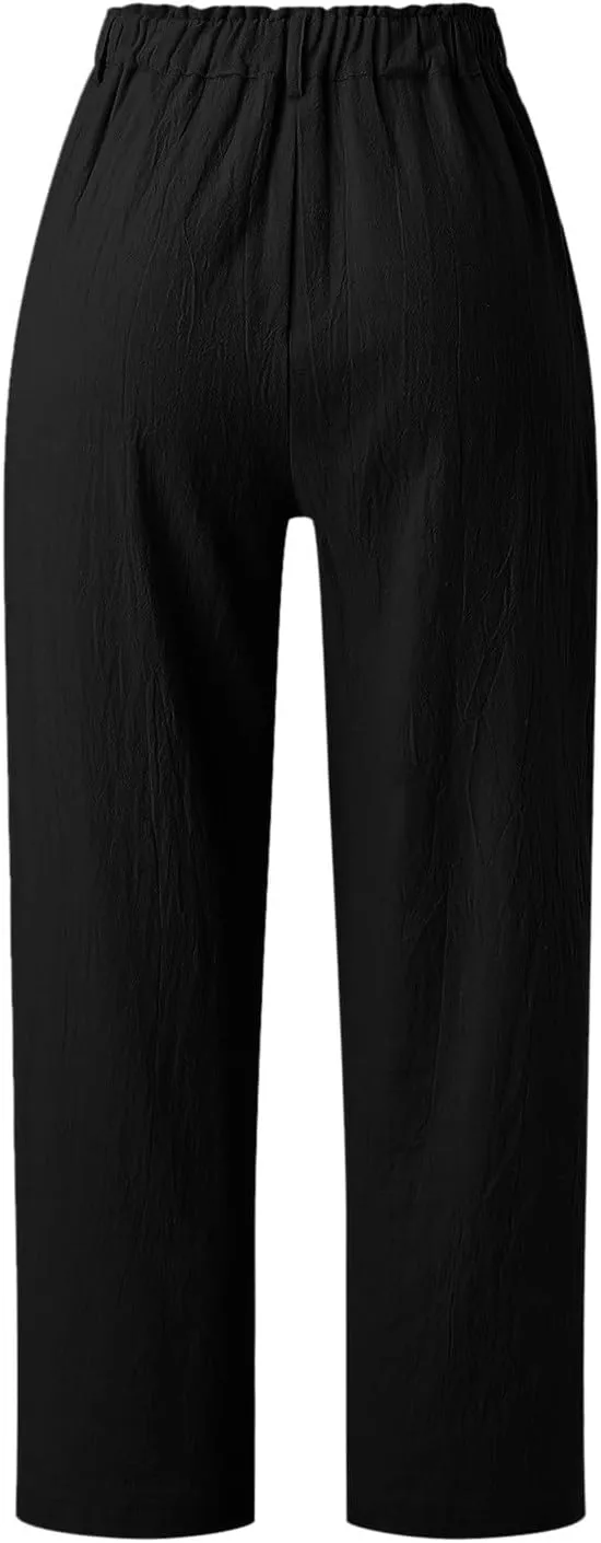 Capri Linen Pants for Women 2025 Summer Trendy Elastic High Waist Straight Leg Casual Pants Stretchy Loose Trousers