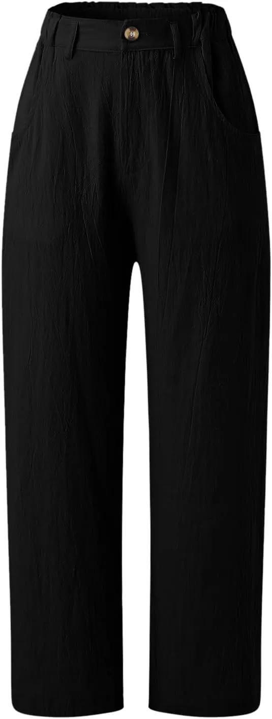 Capri Linen Pants for Women 2025 Summer Trendy Elastic High Waist Straight Leg Casual Pants Stretchy Loose Trousers