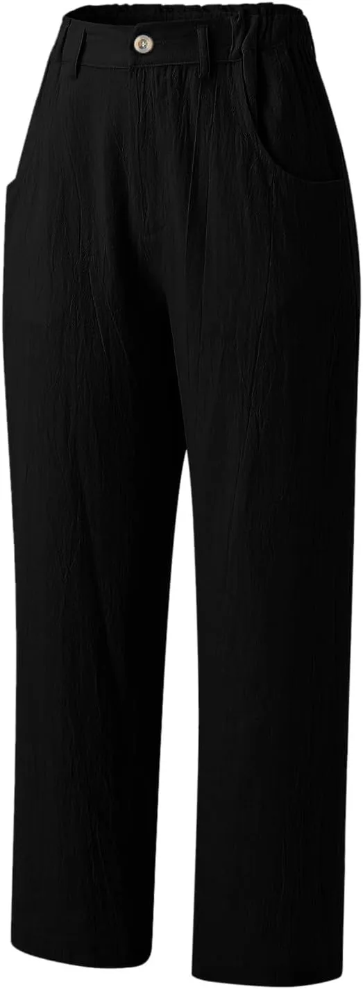Capri Linen Pants for Women 2025 Summer Trendy Elastic High Waist Straight Leg Casual Pants Stretchy Loose Trousers