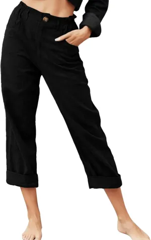 Capri Linen Pants for Women 2025 Summer Trendy Elastic High Waist Straight Leg Casual Pants Stretchy Loose Trousers