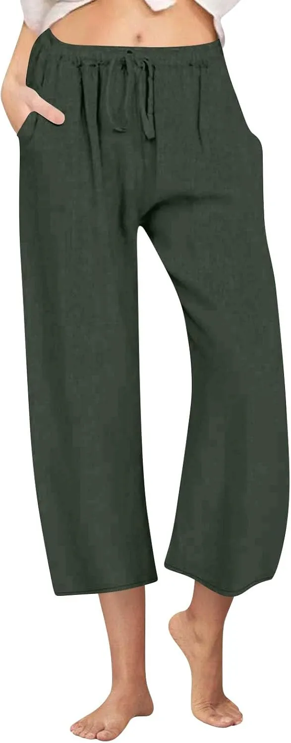 Capri Pants for Women Casual Summer Wide Leg Linen Pants Drawstring Elastic High Waist Palazzo Comfy Cropped Trousers