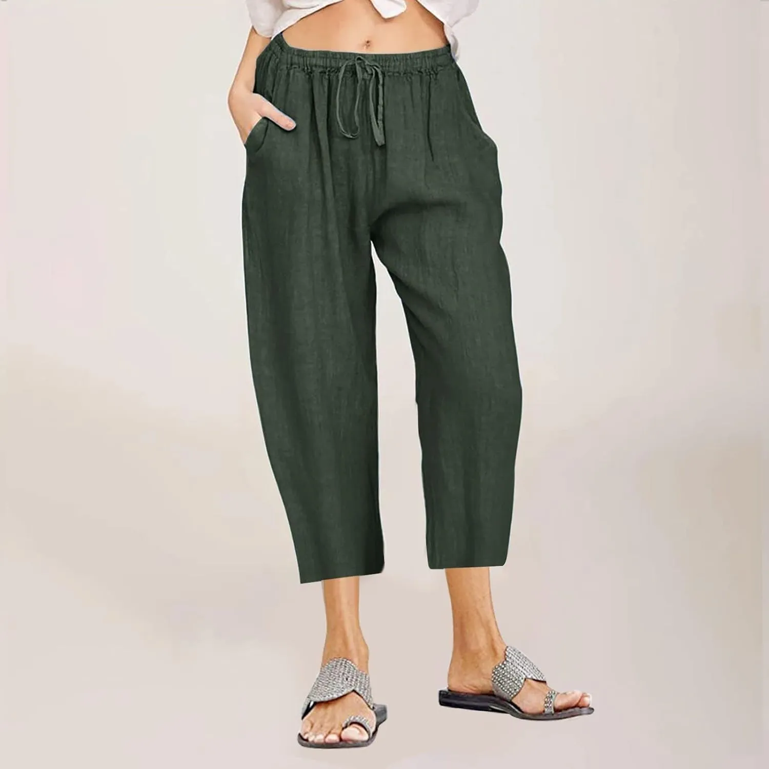 Capri Pants for Women Casual Summer Wide Leg Linen Pants Drawstring Elastic High Waist Palazzo Comfy Cropped Trousers
