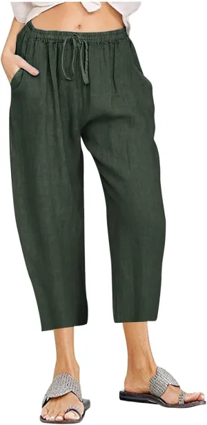 Capri Pants for Women Casual Summer Wide Leg Linen Pants Drawstring Elastic High Waist Palazzo Comfy Cropped Trousers