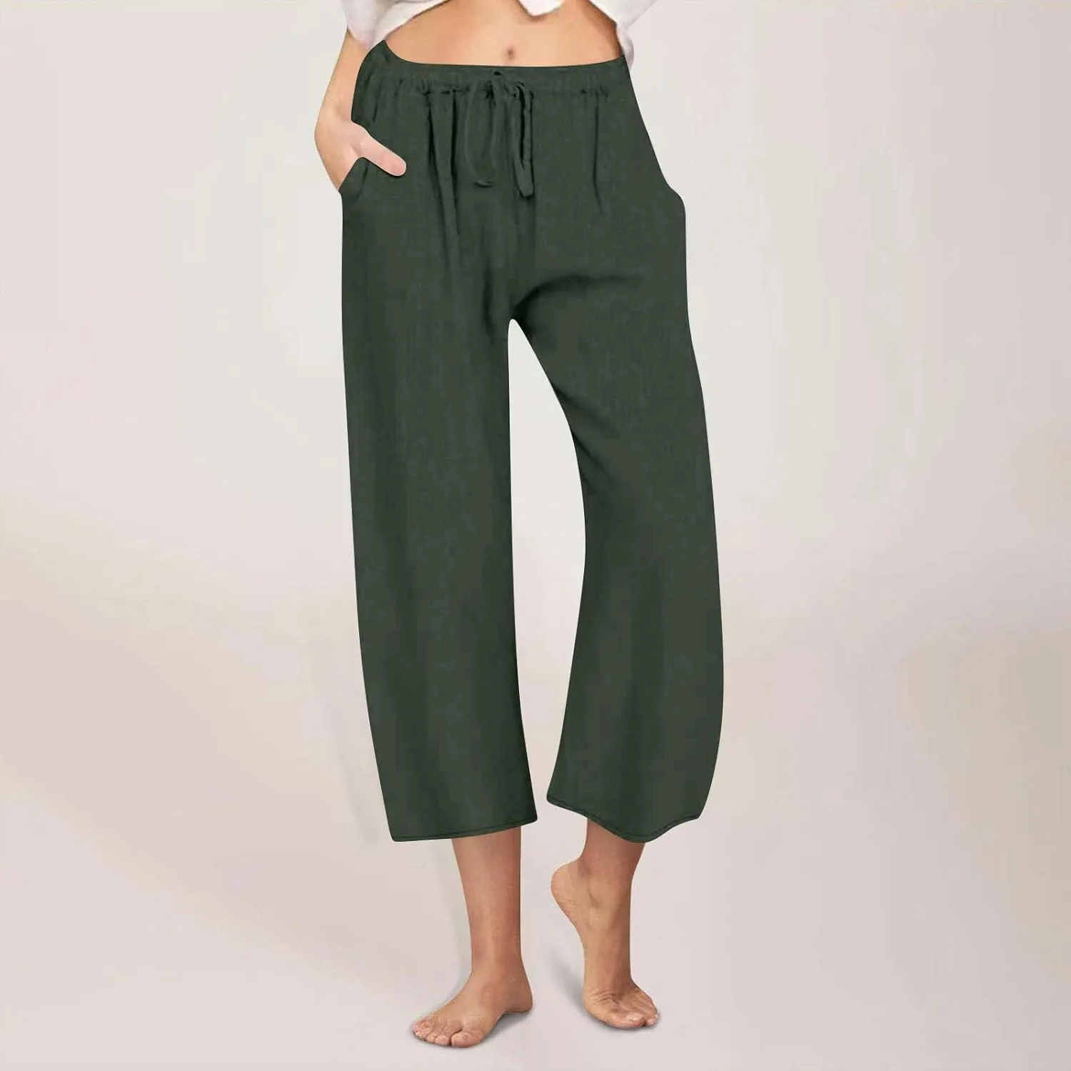 Capri Pants for Women Casual Summer Wide Leg Linen Pants Drawstring Elastic High Waist Palazzo Comfy Cropped Trousers