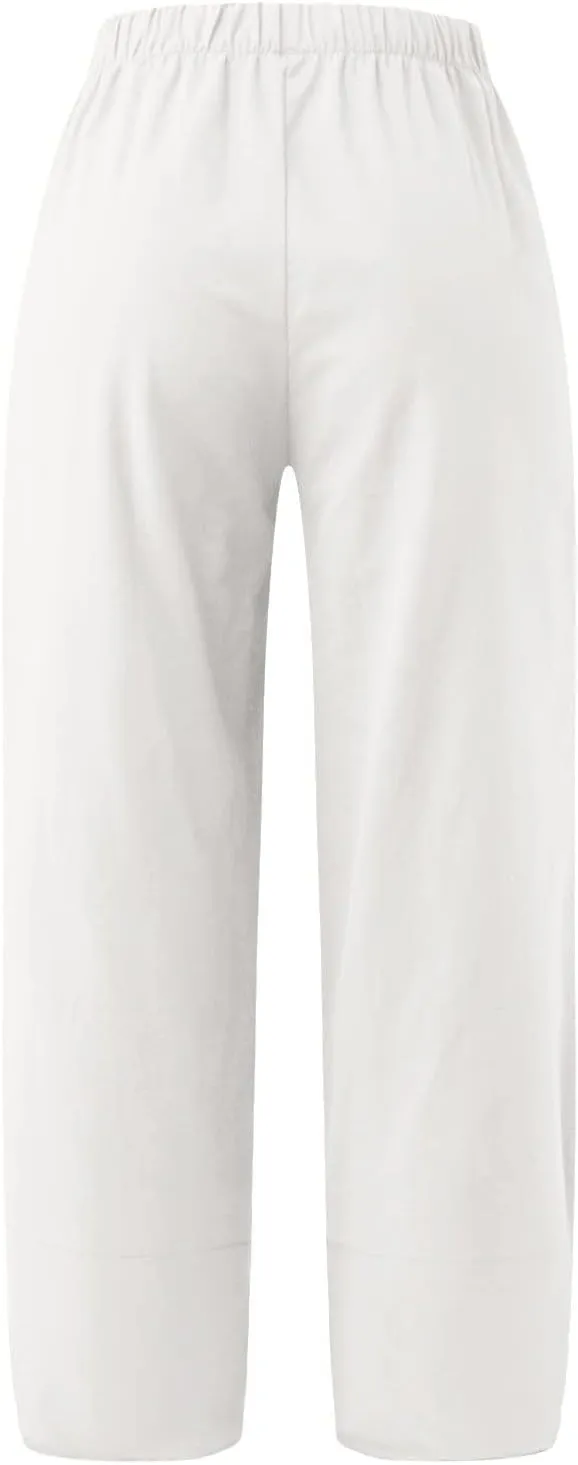 Capri Pants for Women Cotton Linen High Elastic Waist Trousers 2024 Summer Casual Fashion Capri Trousers with Pocket