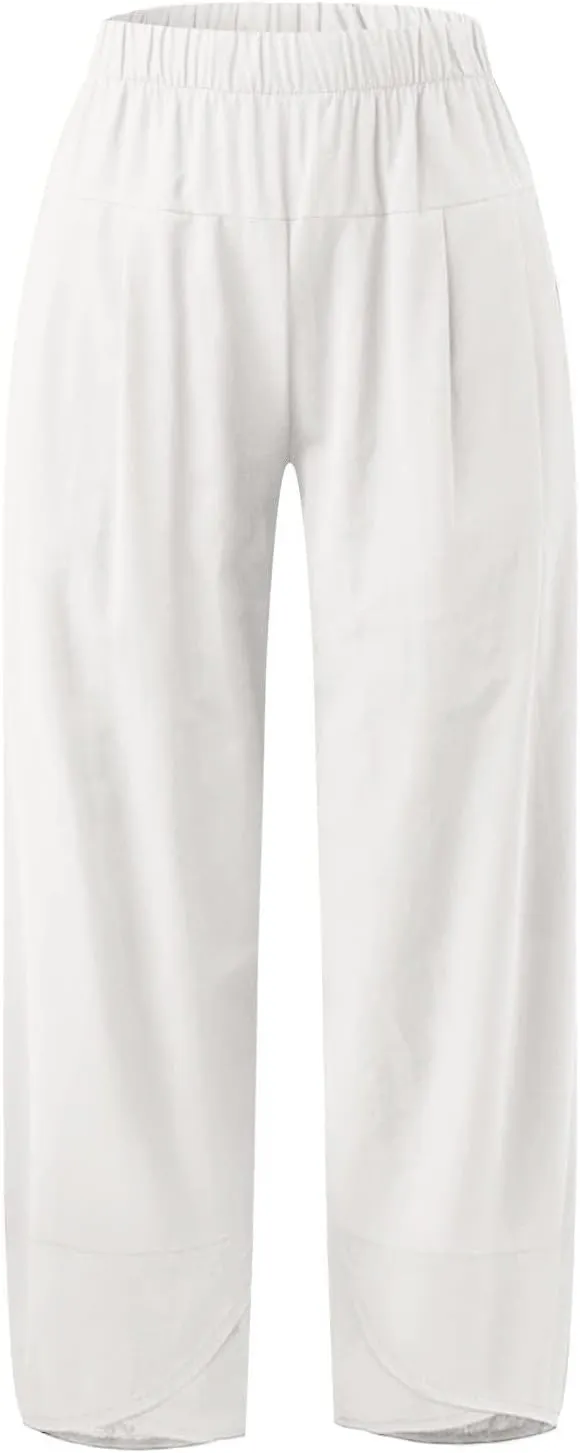 Capri Pants for Women Cotton Linen High Elastic Waist Trousers 2024 Summer Casual Fashion Capri Trousers with Pocket