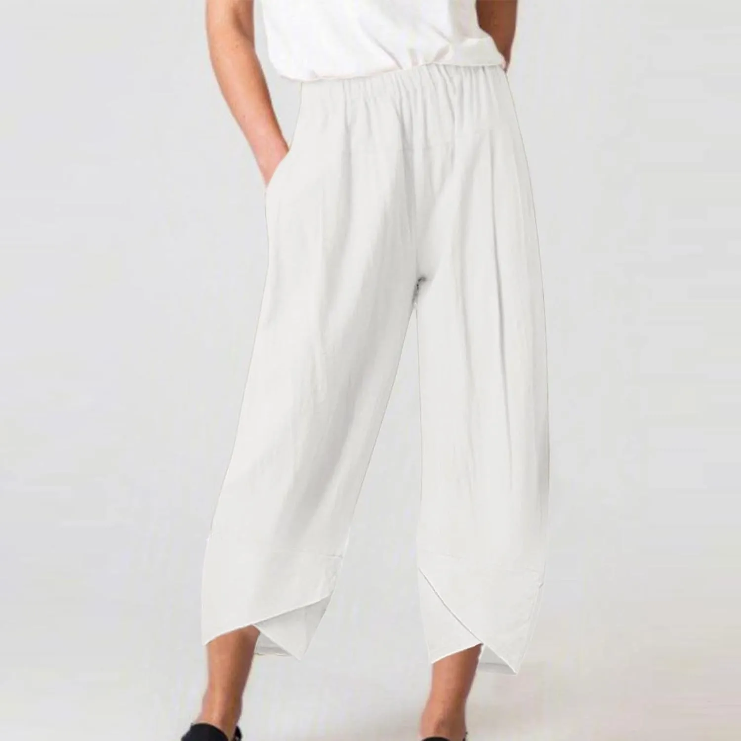 Capri Pants for Women Cotton Linen High Elastic Waist Trousers 2024 Summer Casual Fashion Capri Trousers with Pocket