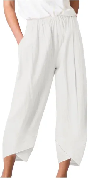 Capri Pants for Women Cotton Linen High Elastic Waist Trousers 2024 Summer Casual Fashion Capri Trousers with Pocket