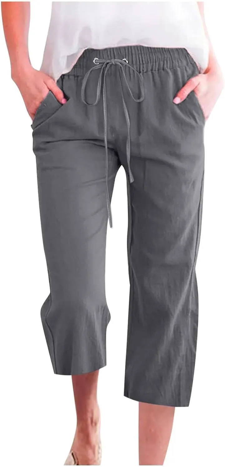 Capri Pants for Women Linen Casual Summer Drawstring Elastic High Waist Straight Wide Leg Cropped Trouser with Pocket
