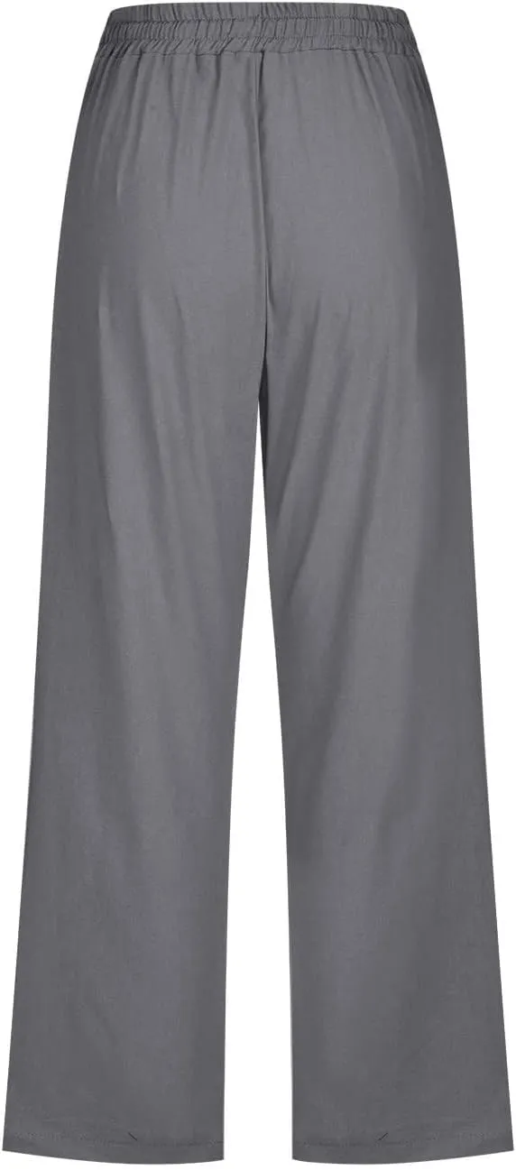 Capri Pants for Women Linen Casual Summer Drawstring Elastic High Waist Straight Wide Leg Cropped Trouser with Pocket