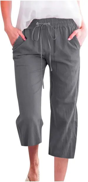 Capri Pants for Women Linen Casual Summer Drawstring Elastic High Waist Straight Wide Leg Cropped Trouser with Pocket
