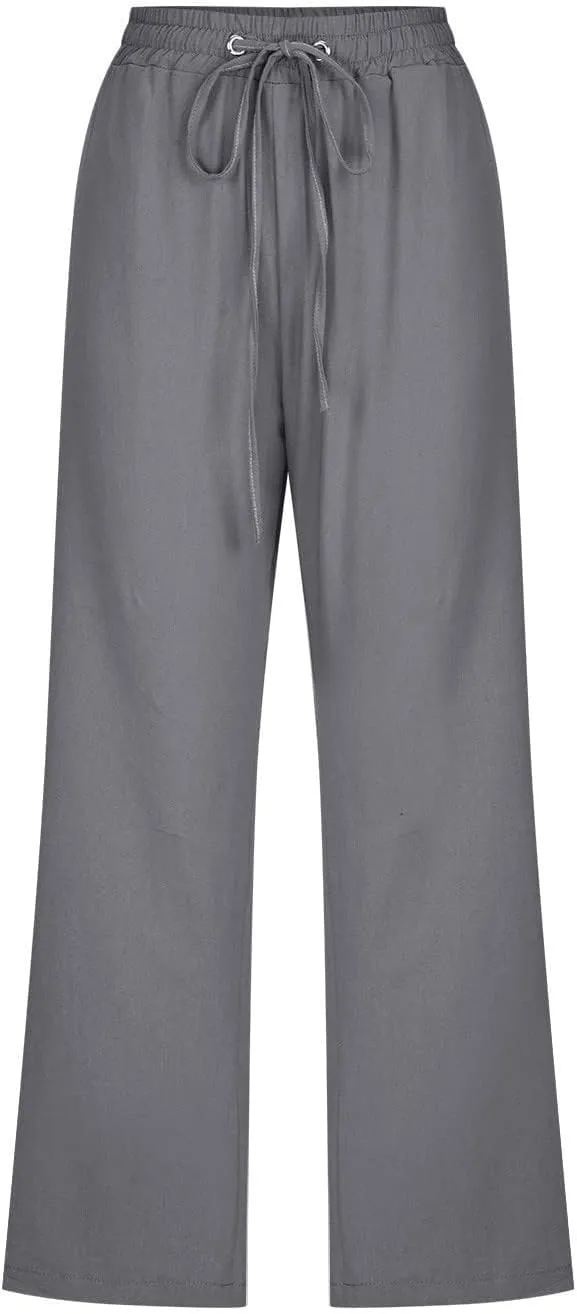 Capri Pants for Women Linen Casual Summer Drawstring Elastic High Waist Straight Wide Leg Cropped Trouser with Pocket