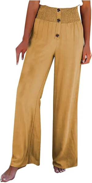 Ceboyel Womens Button Linen Pants Beach Palazzo Pants Straight Wide Leg Palazzo Pants Boho Casual Flowy Lounge Trousers