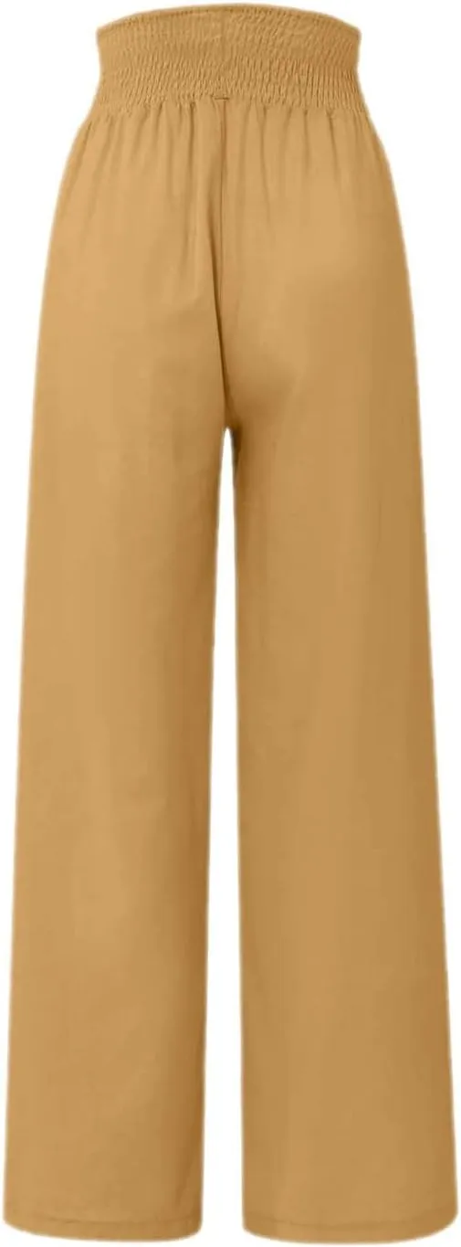 Ceboyel Womens Button Linen Pants Beach Palazzo Pants Straight Wide Leg Palazzo Pants Boho Casual Flowy Lounge Trousers