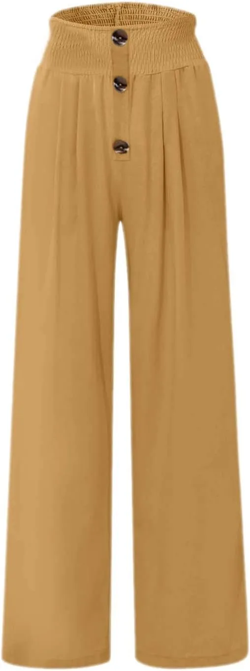 Ceboyel Womens Button Linen Pants Beach Palazzo Pants Straight Wide Leg Palazzo Pants Boho Casual Flowy Lounge Trousers