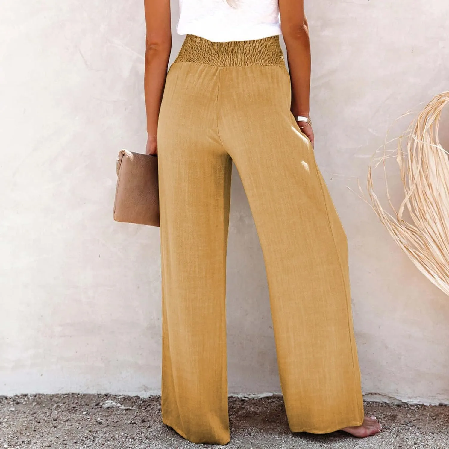 Ceboyel Womens Button Linen Pants Beach Palazzo Pants Straight Wide Leg Palazzo Pants Boho Casual Flowy Lounge Trousers