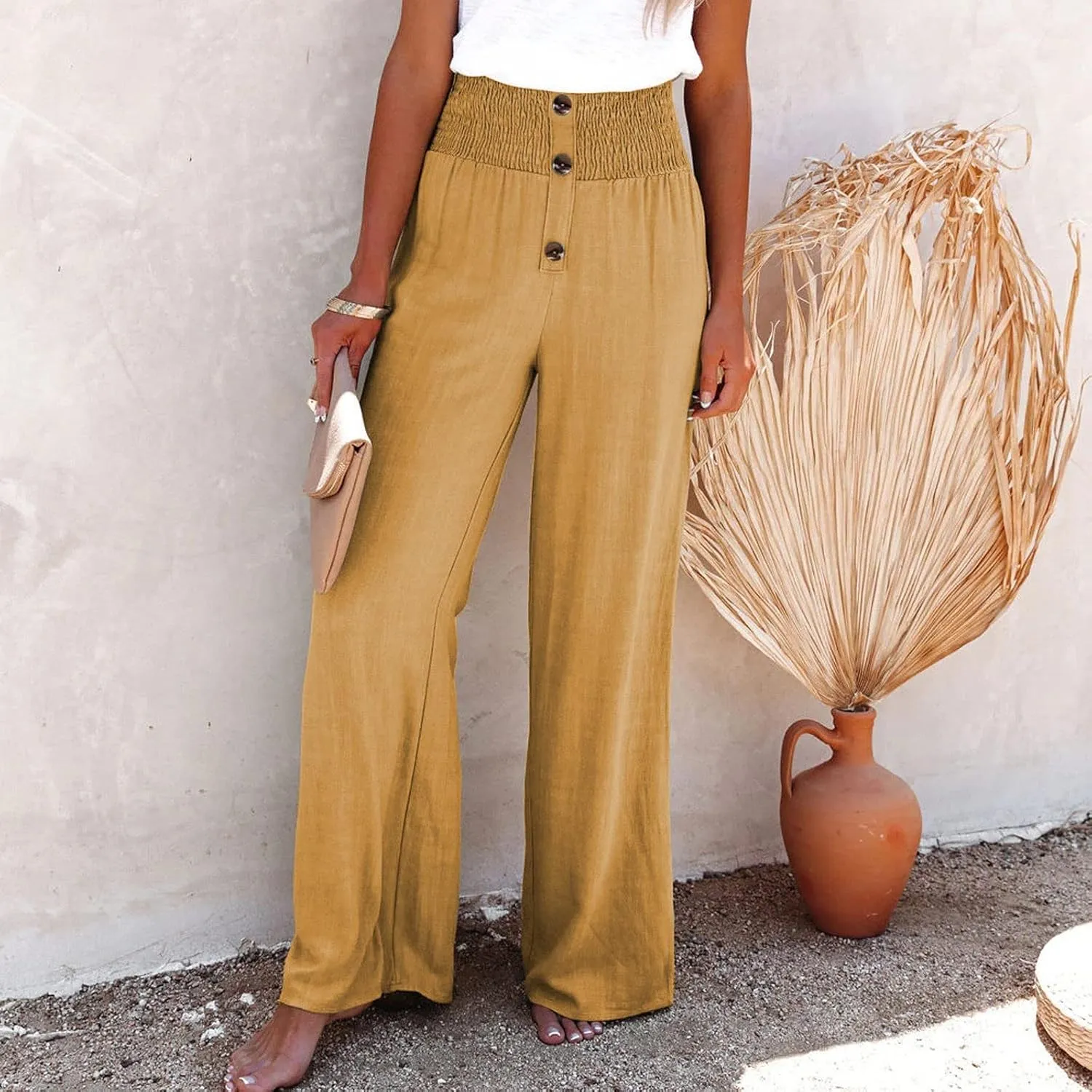 Ceboyel Womens Button Linen Pants Beach Palazzo Pants Straight Wide Leg Palazzo Pants Boho Casual Flowy Lounge Trousers