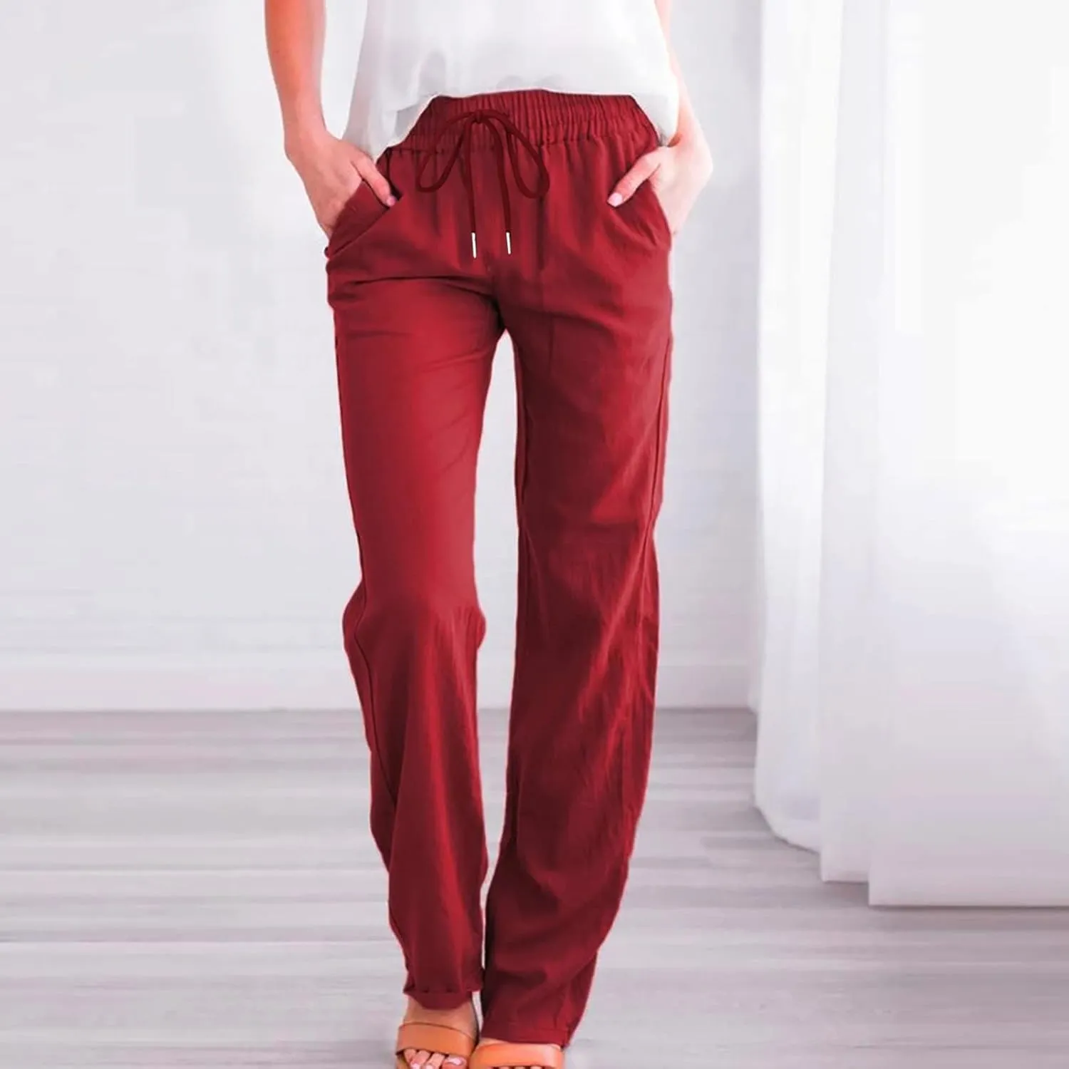 Ceboyel Womens Solid Drawstring Linen Pants Elastic Casual Sweatpants Ankle Length Jogger Straight Leg Trendy Trouser Outfits