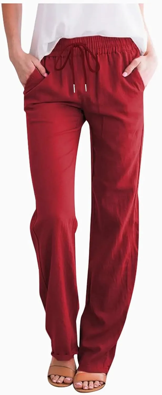 Ceboyel Womens Solid Drawstring Linen Pants Elastic Casual Sweatpants Ankle Length Jogger Straight Leg Trendy Trouser Outfits