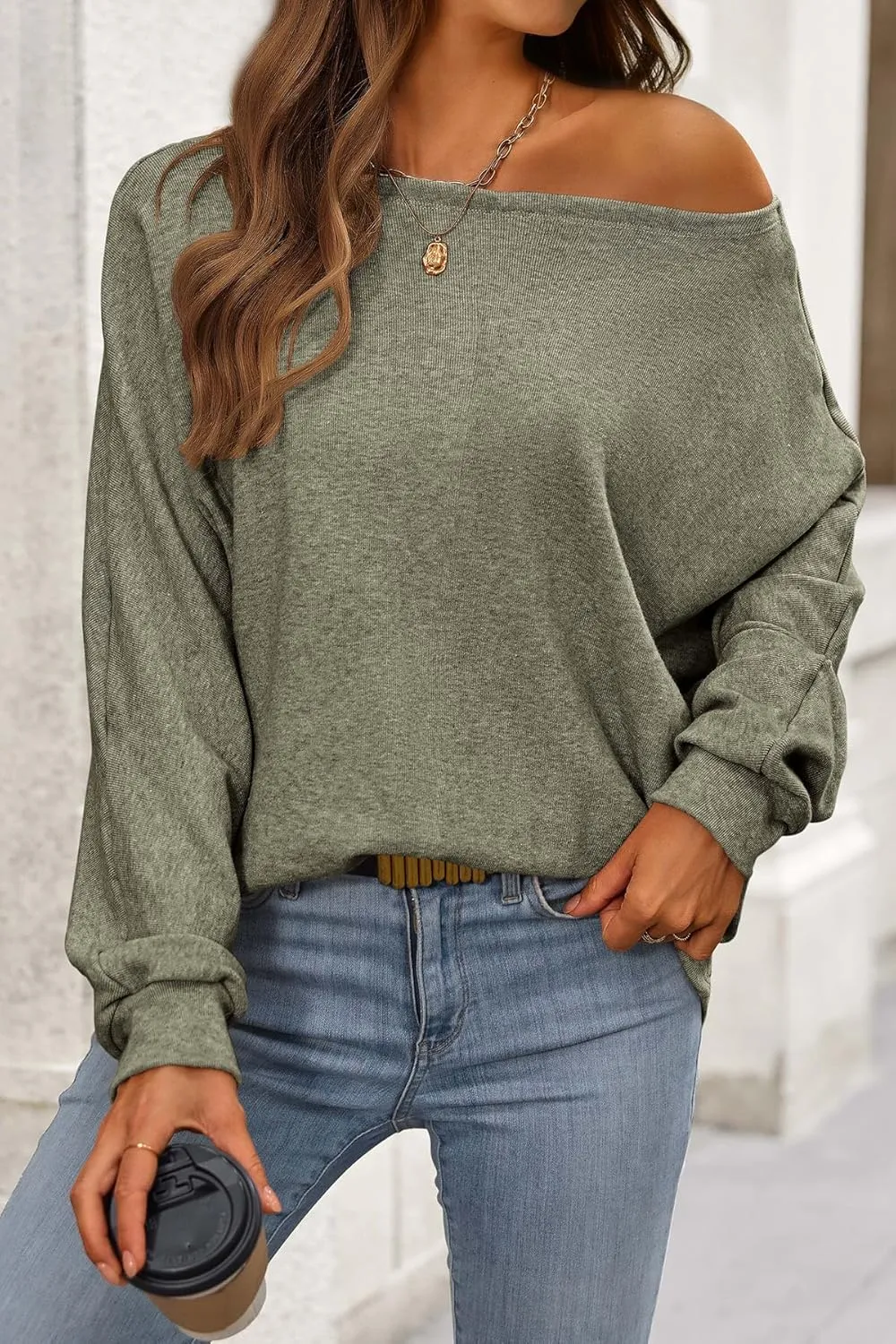 CFLONGE Fall Sweaters for Women 2024 Casual Pullover Off The Shoulder Sweater Batwing Long Sleeve Sweatshirt Knit Jumper Tops