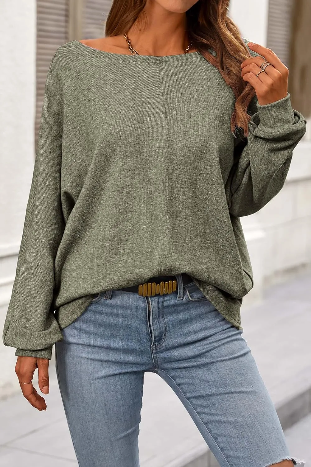 CFLONGE Fall Sweaters for Women 2024 Casual Pullover Off The Shoulder Sweater Batwing Long Sleeve Sweatshirt Knit Jumper Tops