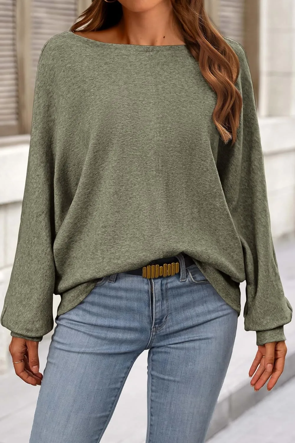 CFLONGE Fall Sweaters for Women 2024 Casual Pullover Off The Shoulder Sweater Batwing Long Sleeve Sweatshirt Knit Jumper Tops