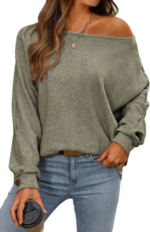 CFLONGE Fall Sweaters for Women 2024 Casual Pullover Off The Shoulder Sweater Batwing Long Sleeve Sweatshirt Knit Jumper Tops