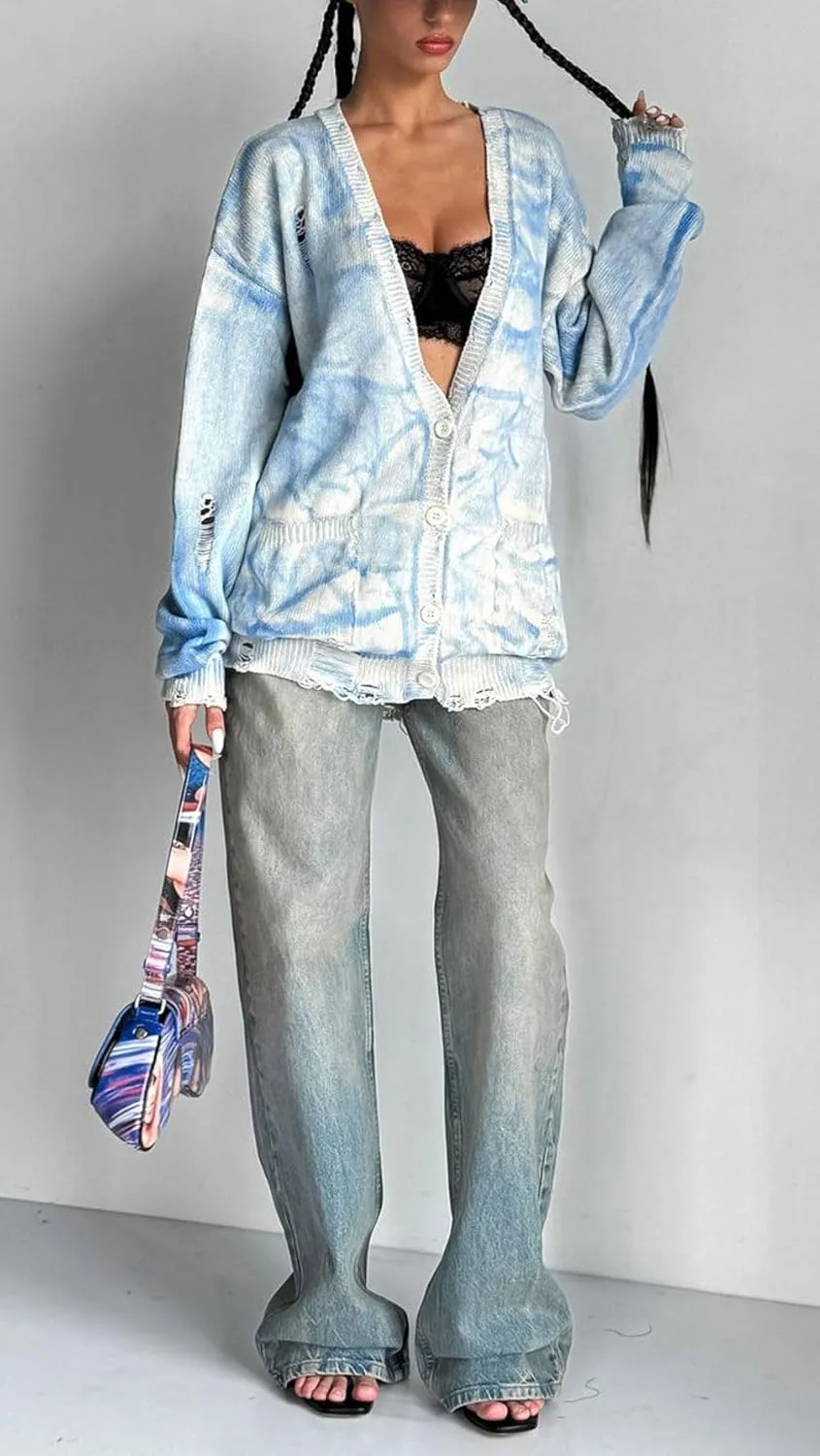 CHARTOU Women Cardigan Sweater Oversized Tie-Dyed Distressed Open Front Cardigan Knit Y2k Tops Street Wear