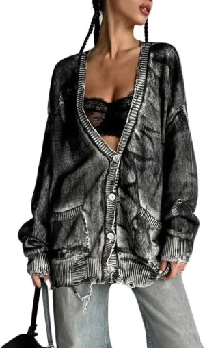 CHARTOU Women Cardigan Sweater Oversized Tie-Dyed Distressed Open Front Cardigan Knit Y2k Tops Street Wear