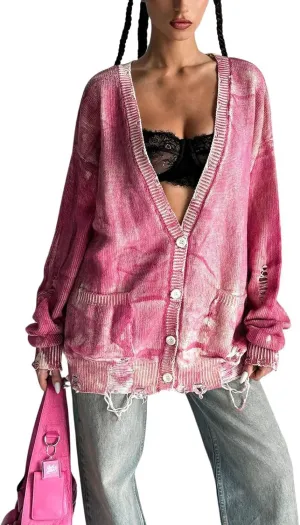CHARTOU Women Cardigan Sweater Oversized Tie-Dyed Distressed Open Front Cardigan Knit Y2k Tops Street Wear