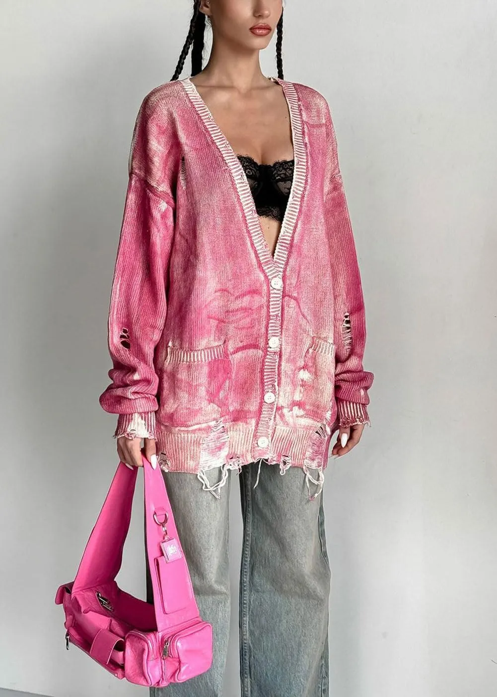 CHARTOU Women Cardigan Sweater Oversized Tie-Dyed Distressed Open Front Cardigan Knit Y2k Tops Street Wear