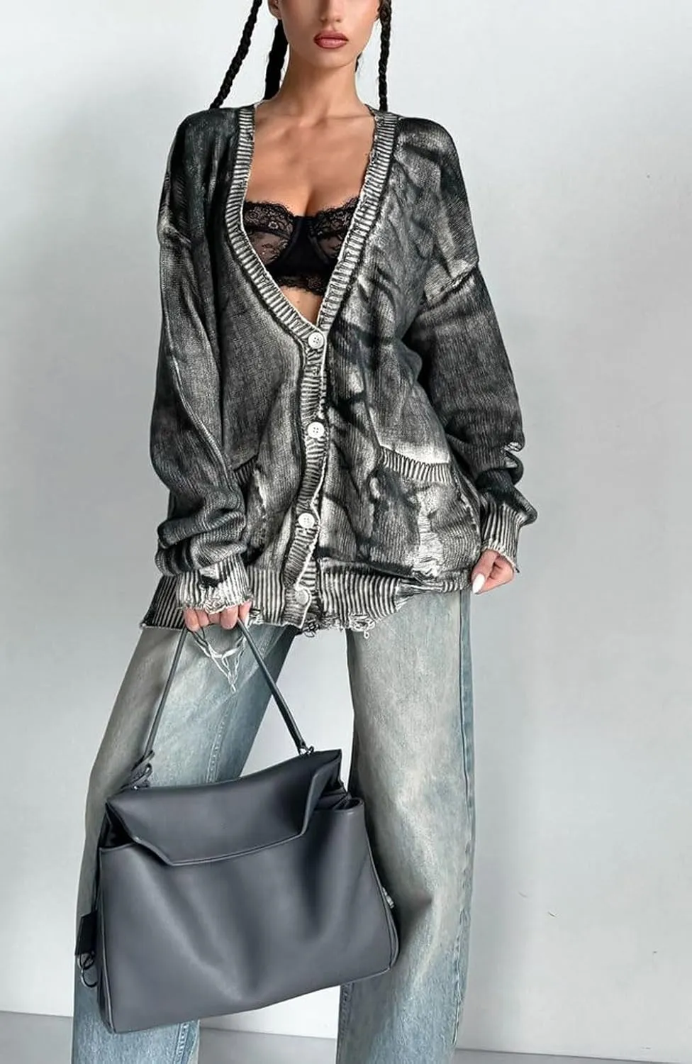 CHARTOU Women Cardigan Sweater Oversized Tie-Dyed Distressed Open Front Cardigan Knit Y2k Tops Street Wear