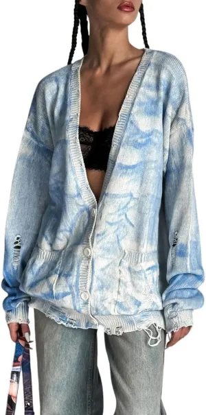 CHARTOU Women Cardigan Sweater Oversized Tie-Dyed Distressed Open Front Cardigan Knit Y2k Tops Street Wear