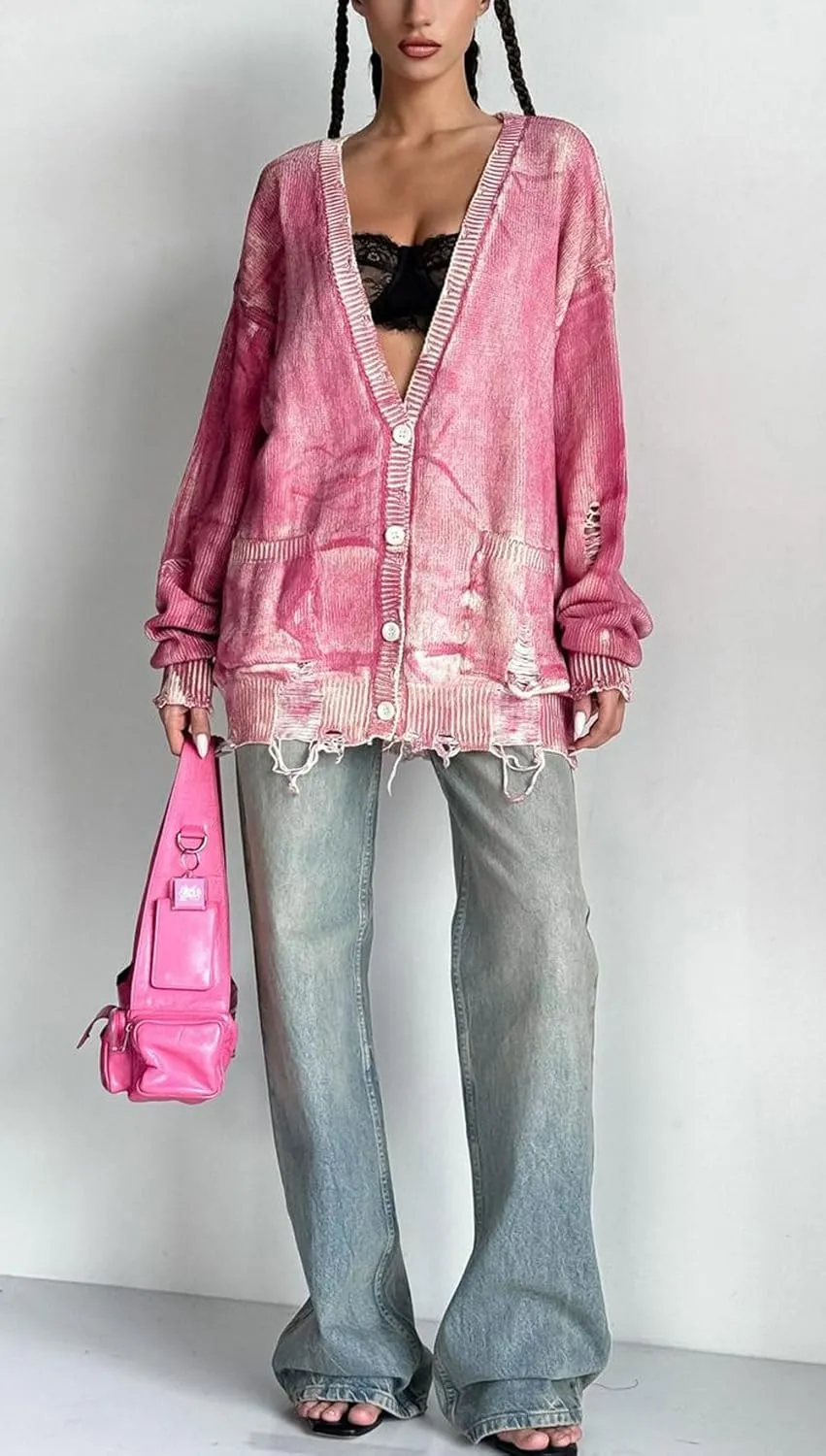 CHARTOU Women Cardigan Sweater Oversized Tie-Dyed Distressed Open Front Cardigan Knit Y2k Tops Street Wear