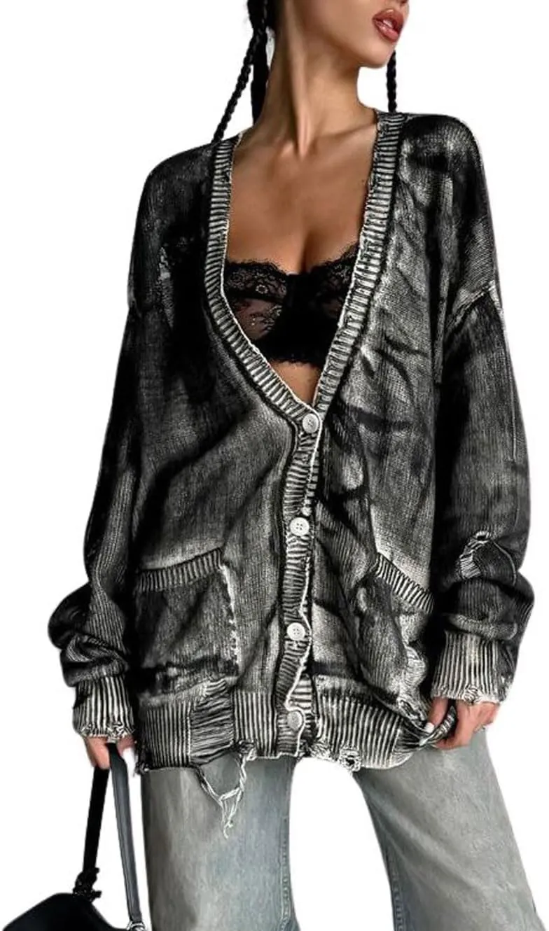CHARTOU Women Cardigan Sweater Oversized Tie-Dyed Distressed Open Front Cardigan Knit Y2k Tops Street Wear