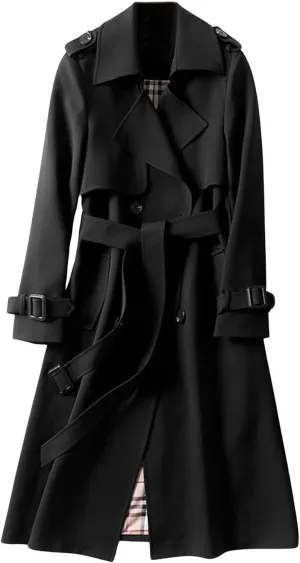 CHARTOU Women Double Breasted Mid Long Trench Coat with Belt Lightweight Windbreaker Long Duster Trenchcoat (X-Small,Black)