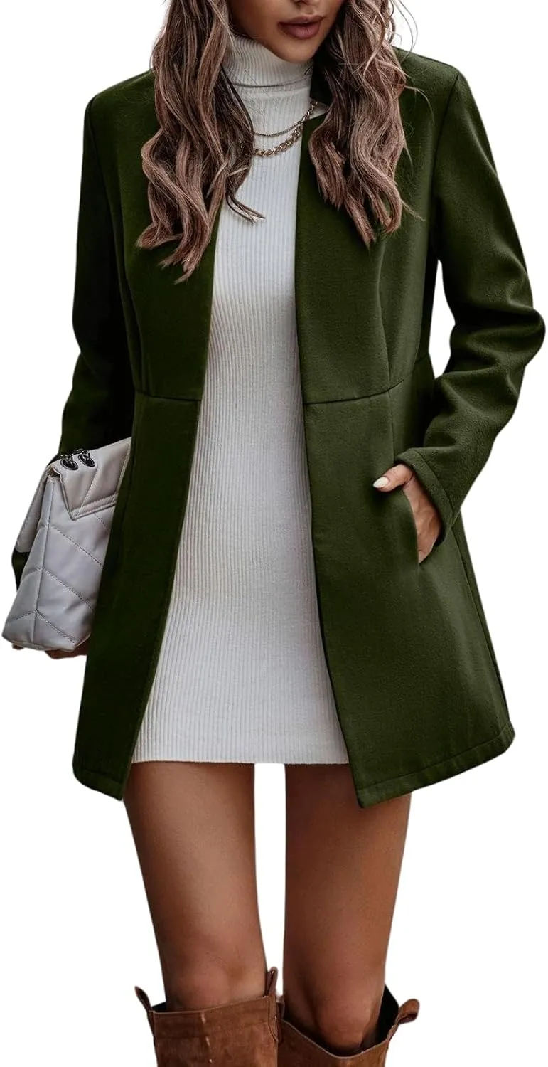 CHARTOU Women's Winter Mid Long Tweed Trench Coat Slim Cinched Waist Peacoat Notched Lapel Overcoat Fall