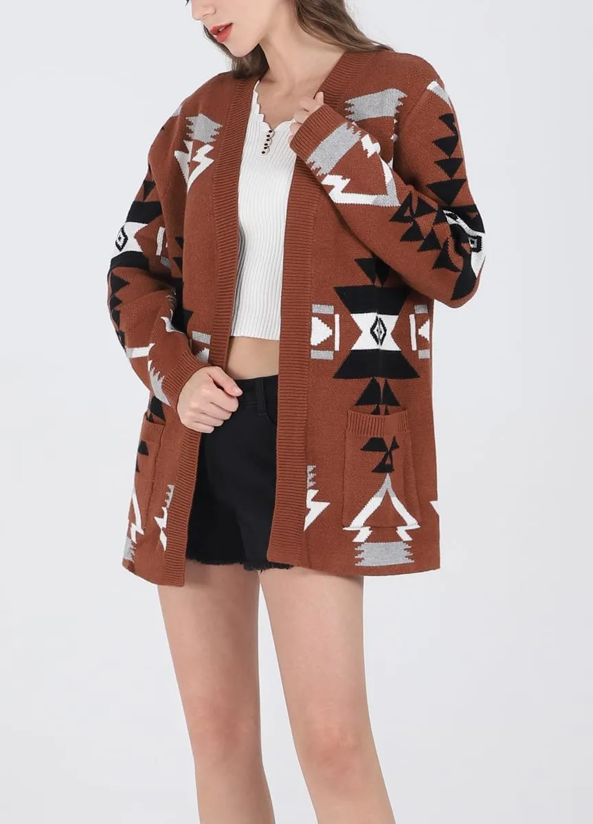 chouyatou Women's Tribal Aztec Print Sweater Open Front Knitted Jacquard Cardigan Sweater