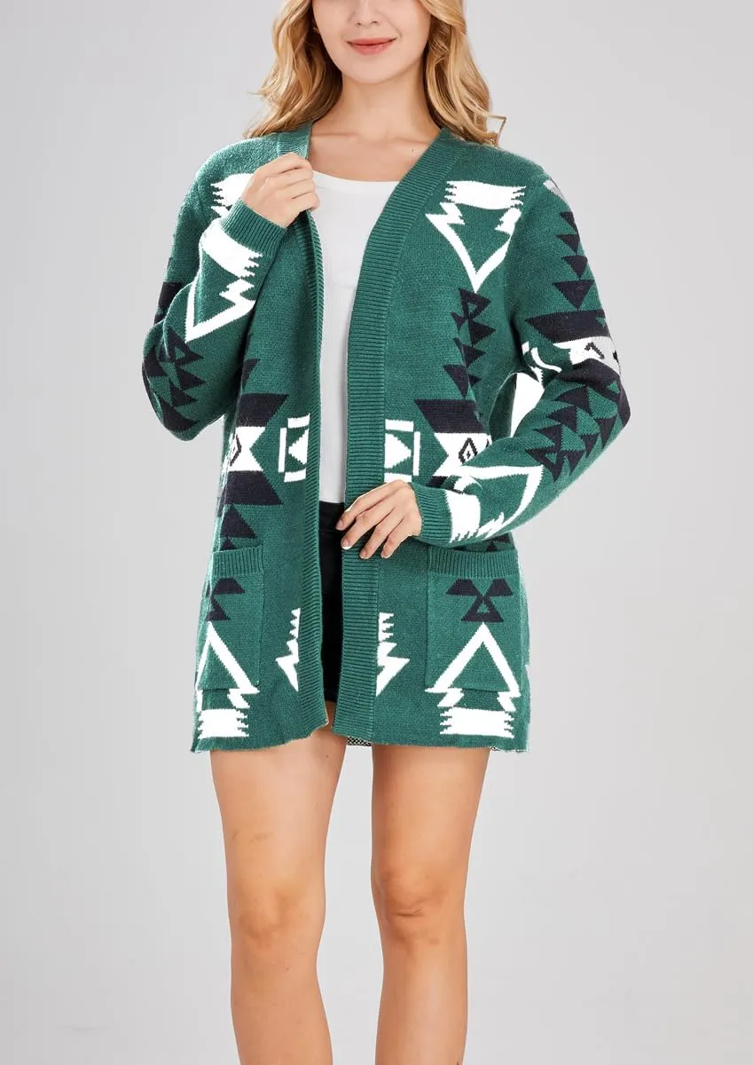 chouyatou Women's Tribal Aztec Print Sweater Open Front Knitted Jacquard Cardigan Sweater