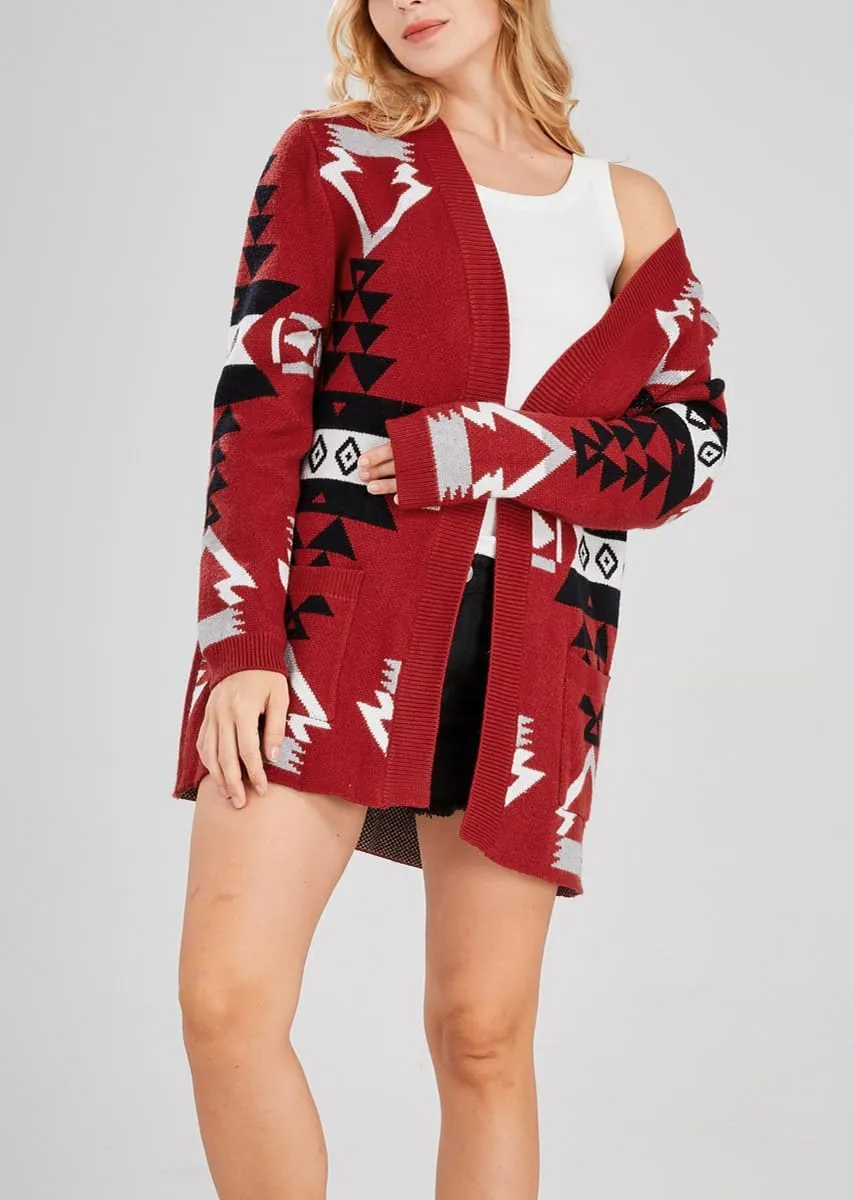 chouyatou Women's Tribal Aztec Print Sweater Open Front Knitted Jacquard Cardigan Sweater