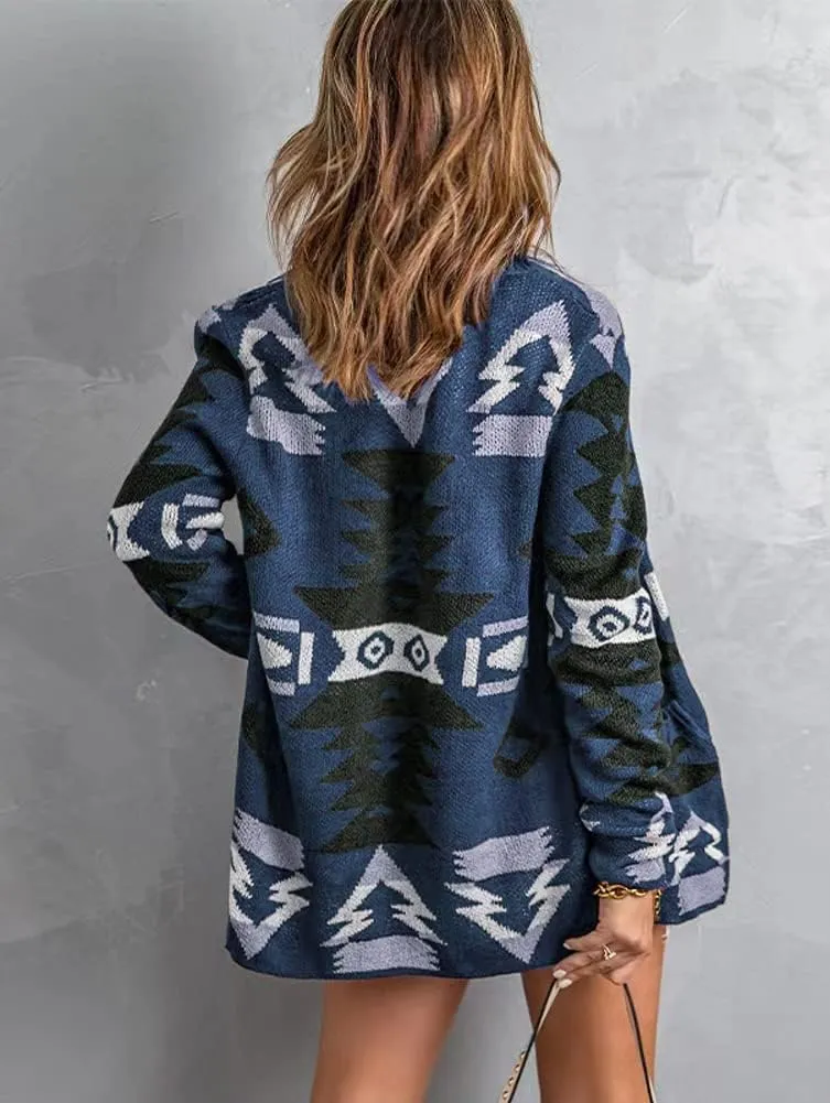 chouyatou Women's Tribal Aztec Print Sweater Open Front Knitted Jacquard Cardigan Sweater