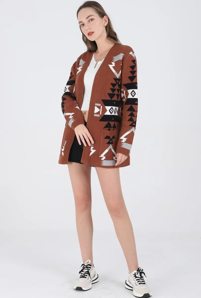 chouyatou Women's Tribal Aztec Print Sweater Open Front Knitted Jacquard Cardigan Sweater