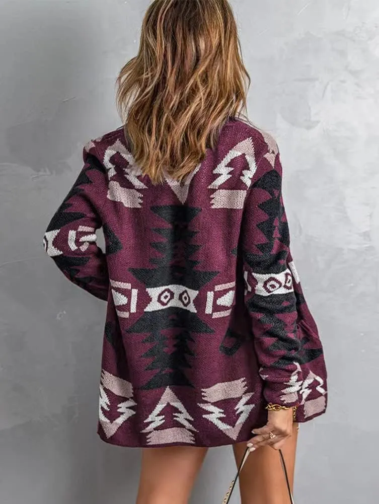 chouyatou Women's Tribal Aztec Print Sweater Open Front Knitted Jacquard Cardigan Sweater