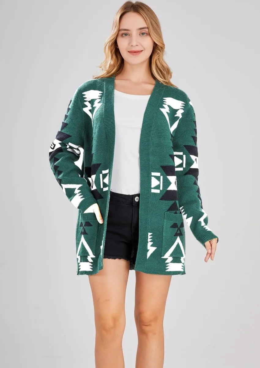 chouyatou Women's Tribal Aztec Print Sweater Open Front Knitted Jacquard Cardigan Sweater
