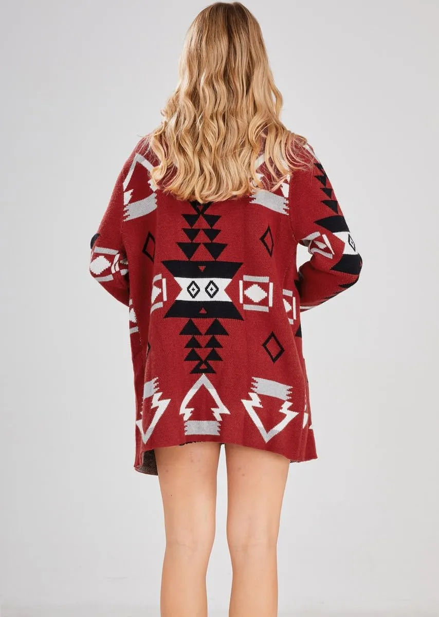 chouyatou Women's Tribal Aztec Print Sweater Open Front Knitted Jacquard Cardigan Sweater